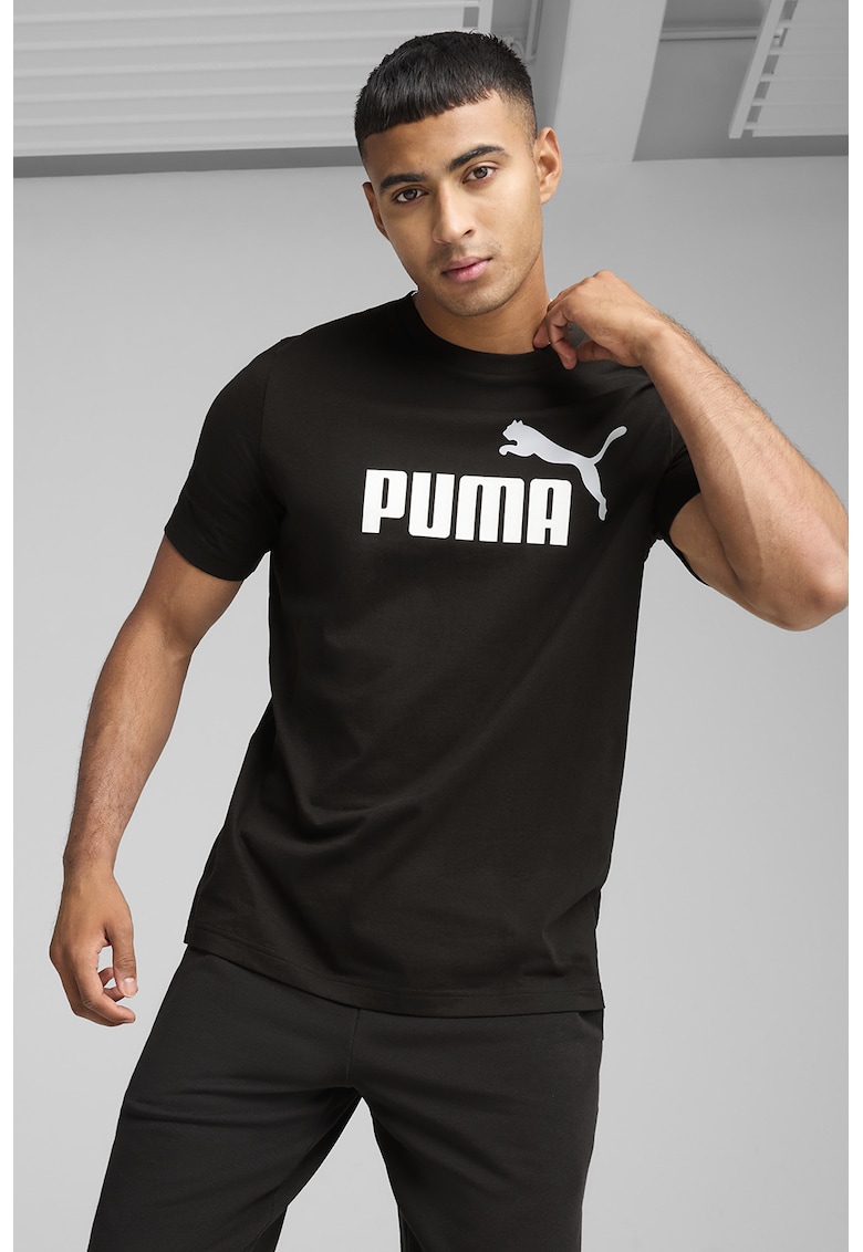 Tricou cu decolteu la baza gatului si imprimeu logo Essentials 2 - Negru/Alb murdar