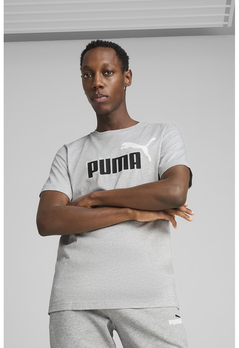 Tricou cu decolteu la baza gatului si logo ESS 2 - Alb/Negru/Gri melange