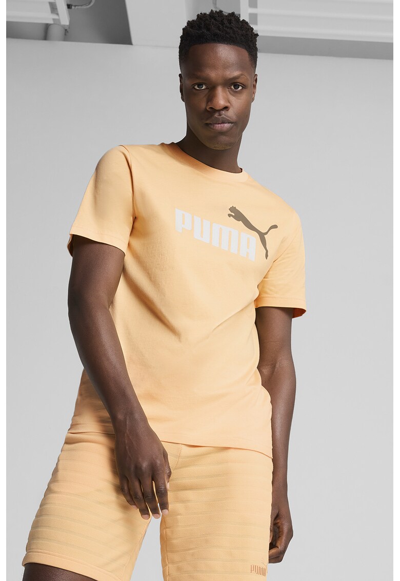 Tricou cu decolteu la baza gatului si logo ESS 2 - Alb/Portocaliu pal/Maro deschis