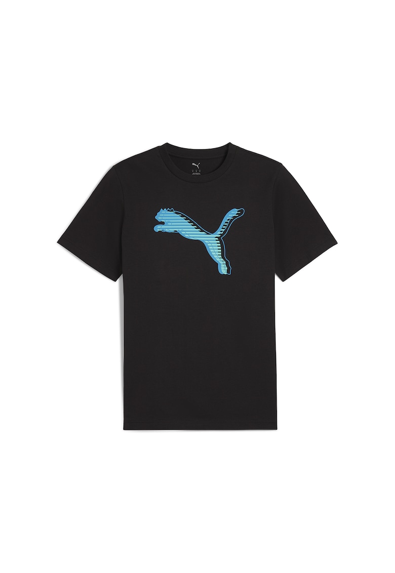 Tricou cu imprimeu logo si decolteu la baza gatului - Negru stins/Albastru deschis