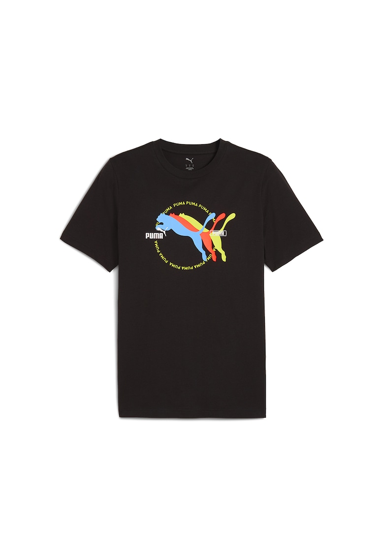 Tricou cu imprimeu logo si decolteu la baza gatului - Negru/Galben/Albastru deschis