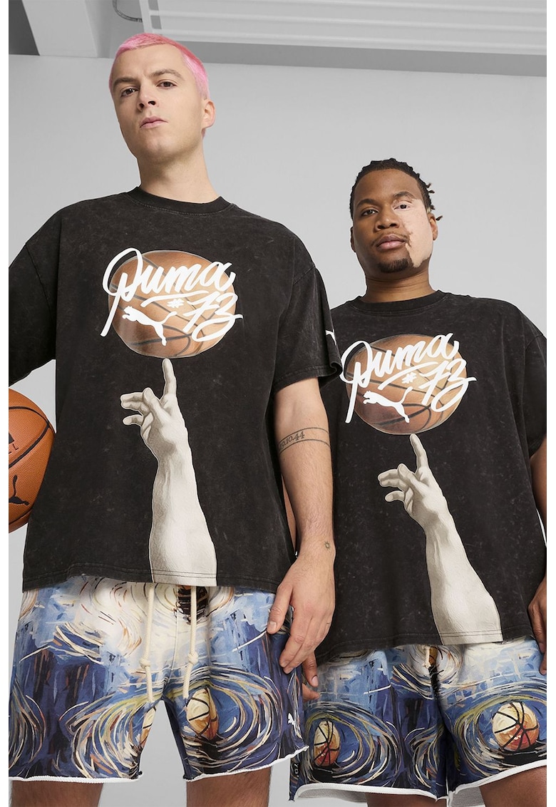 Tricou din bumbac cu imprimeu si decolteu la baza gatului