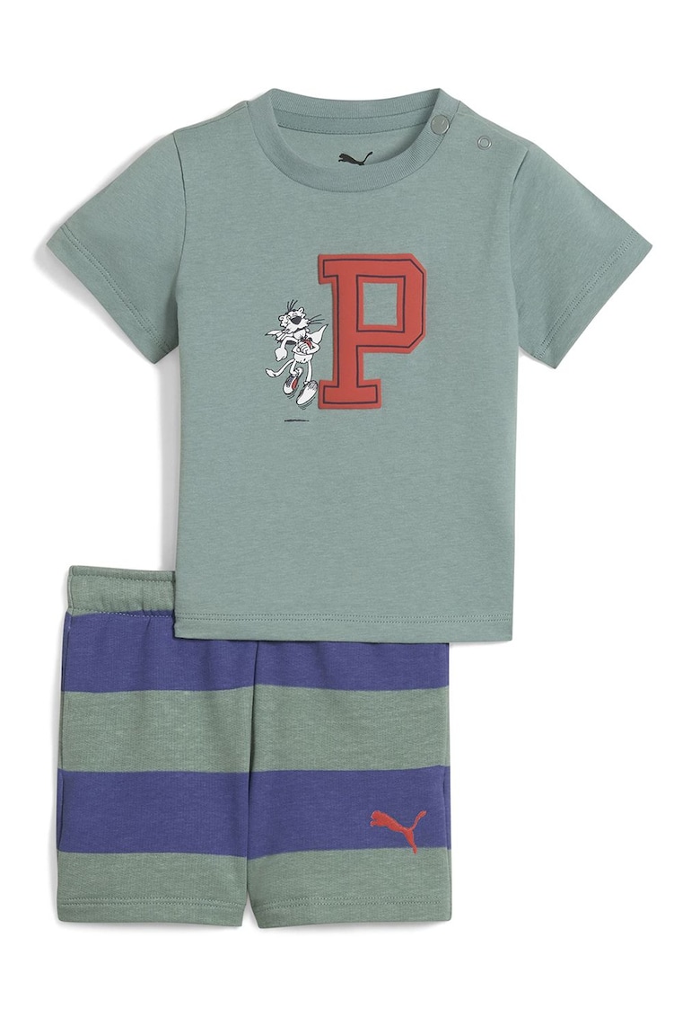 Trening cu pantaloni scurti din bumbac - Verde pal/Albastru royal/Rosu vermillion