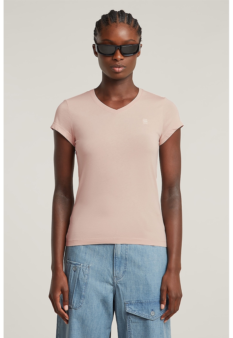 Tricou de bumbac organic cu decolteu in V Eyben - Roz pastel