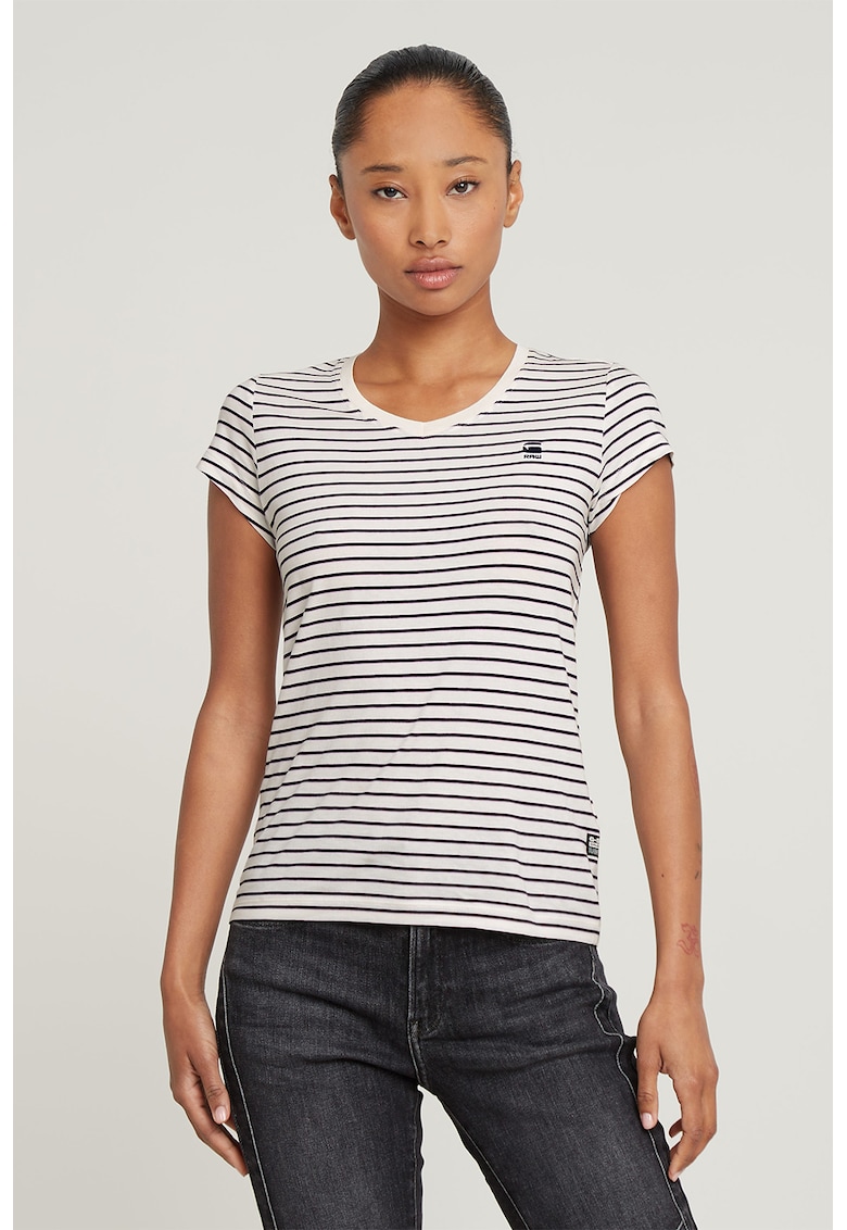 Tricou de bumbac organic cu decolteu in V Eyben - Alb/Albastru ultramarin/Roz pal