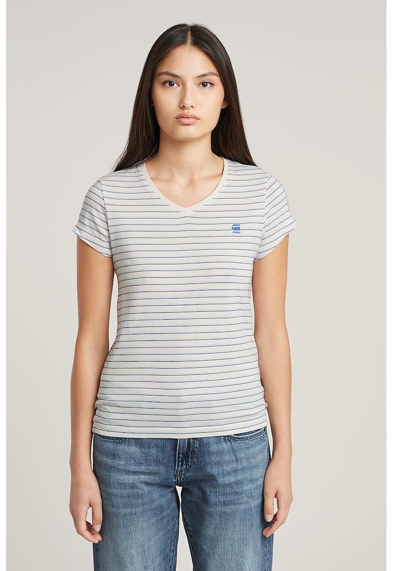 Tricou de bumbac organic cu decolteu in V Eyben - Albastru pastel/Albastru royal/Alb optic