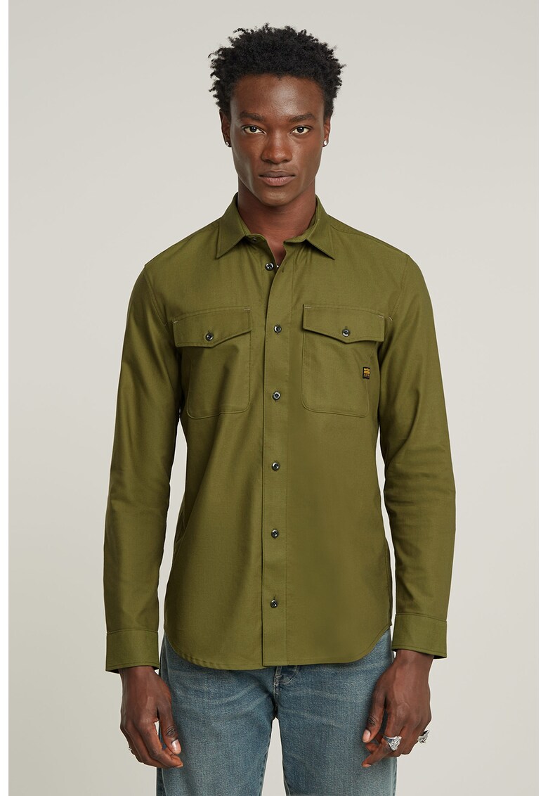 Camasa cambrata de bumbac cu buzunare aplicate - Verde masliniu