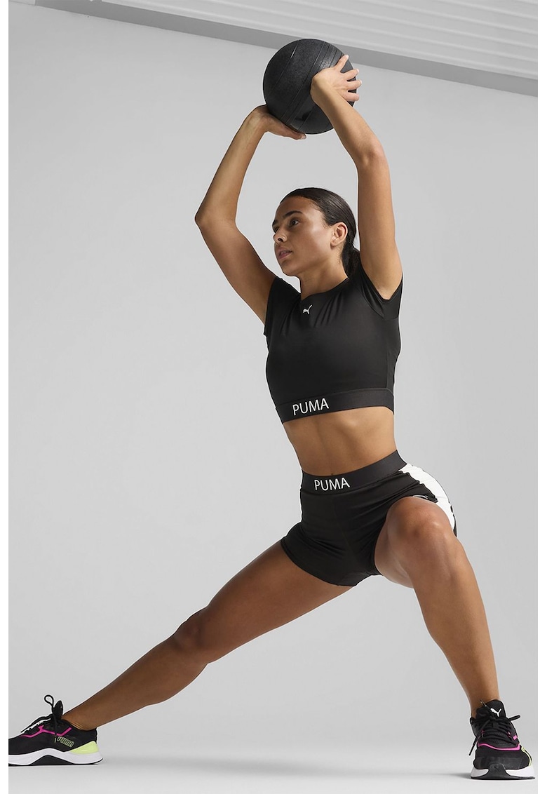 Tricou crop pentru fitness Strong - Negru