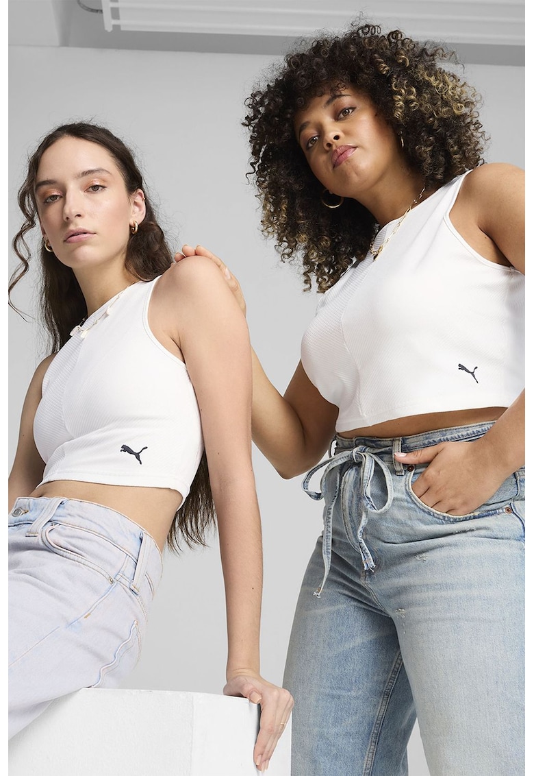 Top crop din amestec de bumbac cu aspect striat