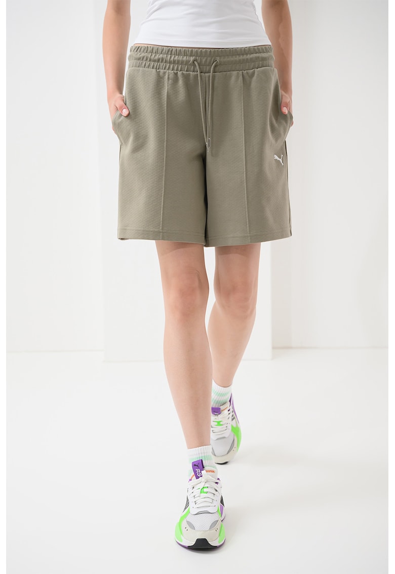 Pantaloni scurti cu talie inalta si logo - Maro deschis