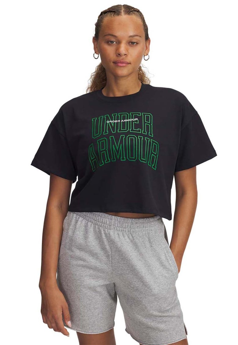 Tricou crop din amestec de bumbac cu logo pentru fitness