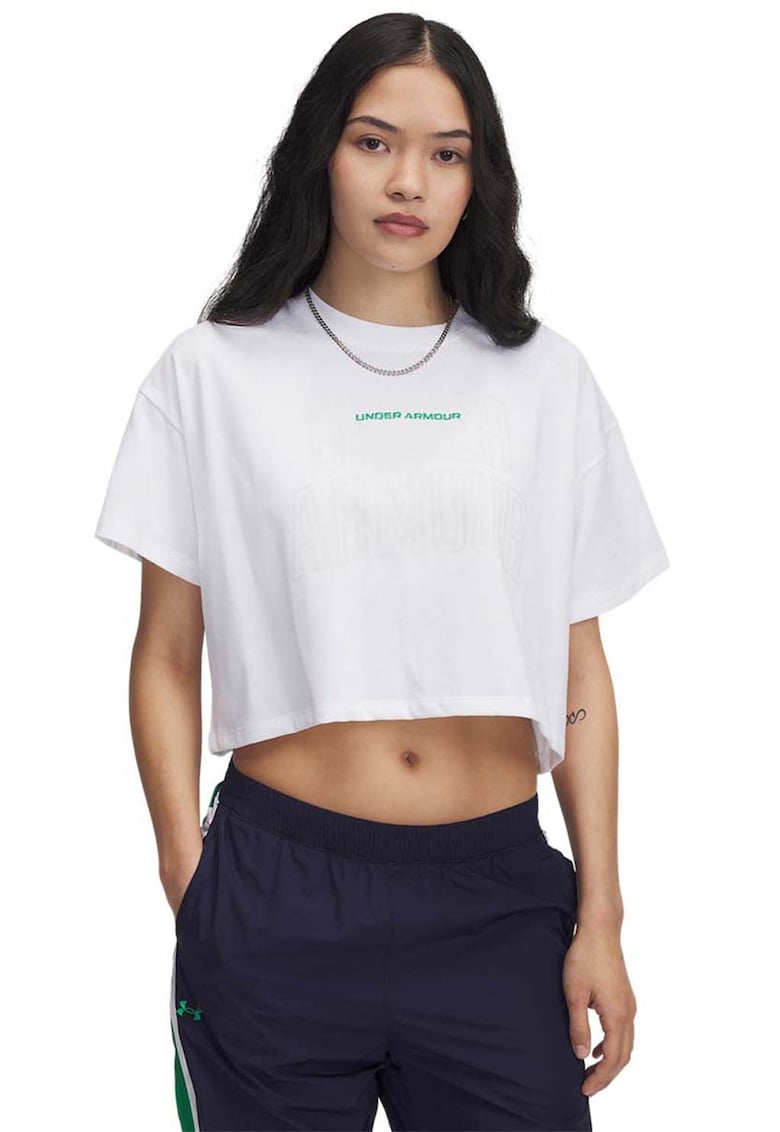 Tricou crop din amestec de bumbac cu logo pentru fitness