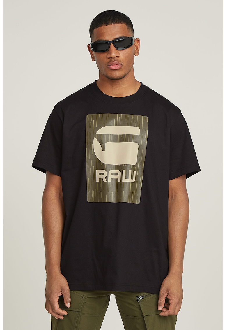 Tricou cu decolteu la baza gatului de bumbac organic cu logo - Negru/Kaki inchis