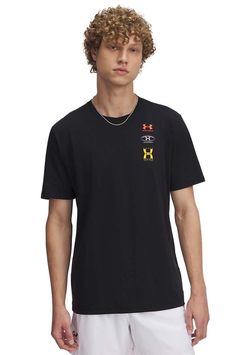 Tricou din amestec de bumbac cu decolteu la baza gatului si logo - Negru/Galben/Portocaliu