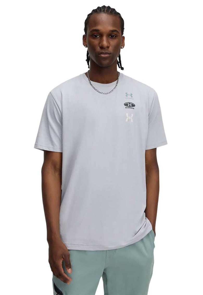 Tricou din amestec de bumbac cu decolteu la baza gatului si logo - Gri cenusiu