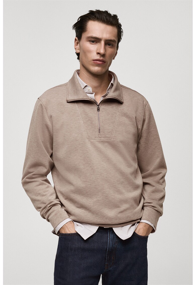Bluza de trening cu model uni si guler cu fermoar - Maro deschis