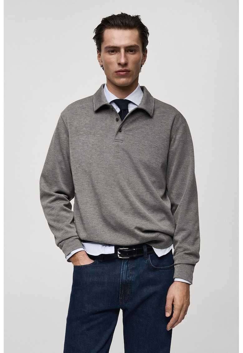 Bluza de trening regular fit cu guler polo - Gri melange