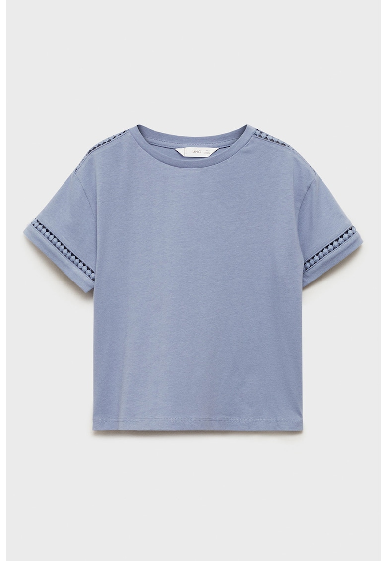 Tricou din bumbac cu detalii cu perforatii - Albastru prafuit