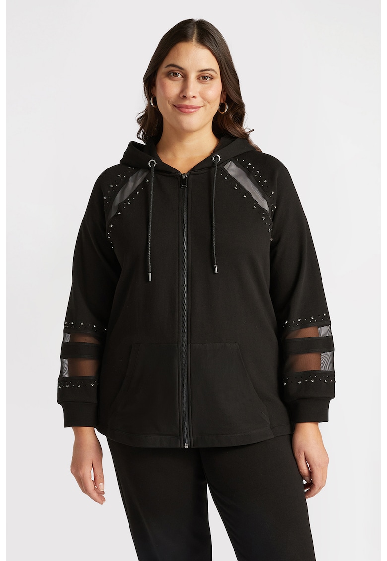 Hanorac din amestec de bumbac cu detalii transparente - Negru