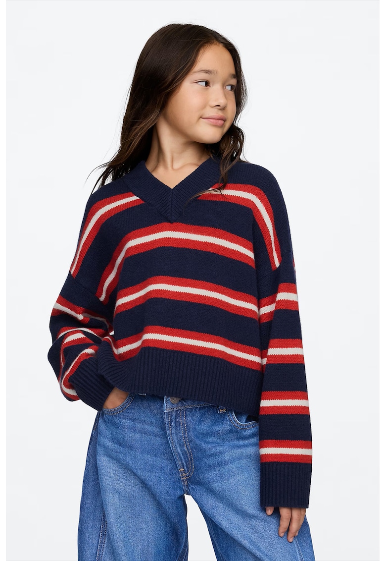 Pulover lejer cu model in dungi si decolteu in V