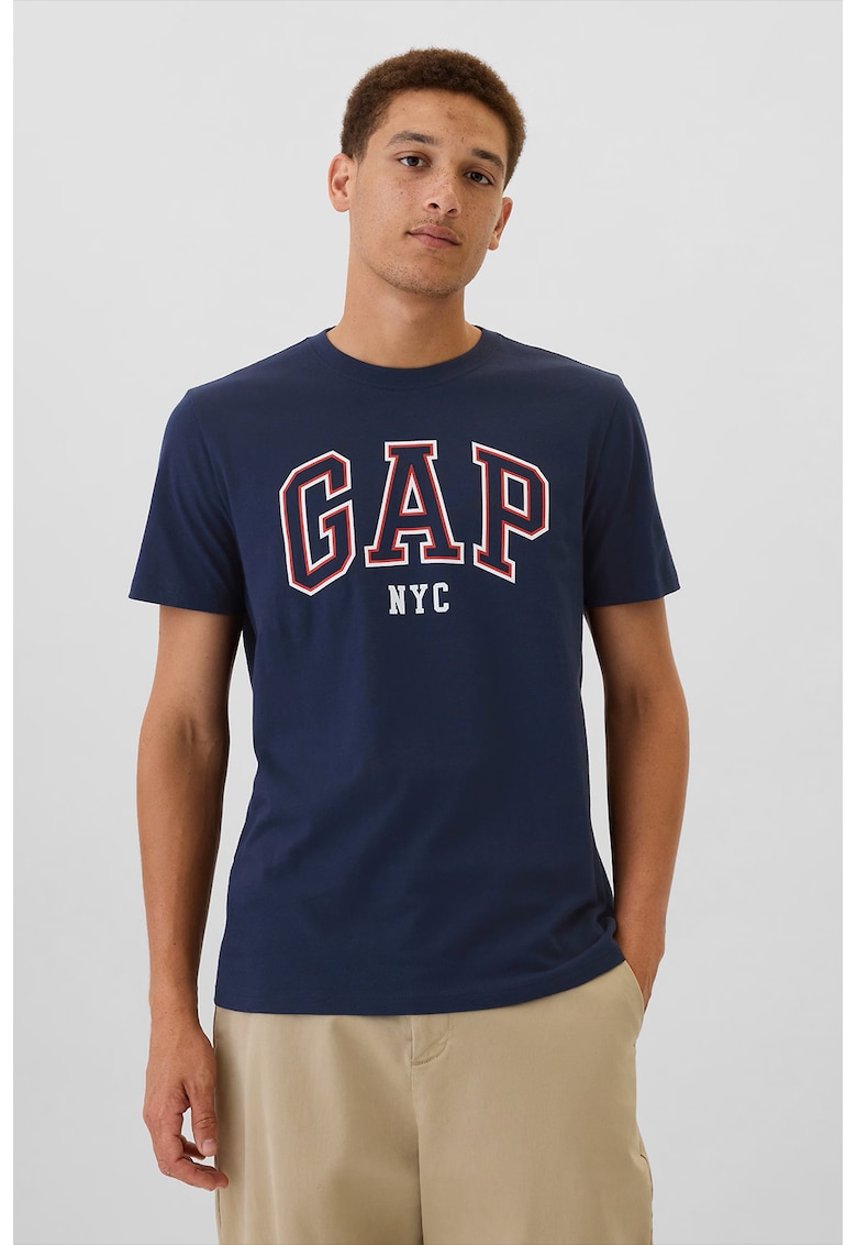 Tricou elastic din bumbac cu logo - Alb/Bleumarin