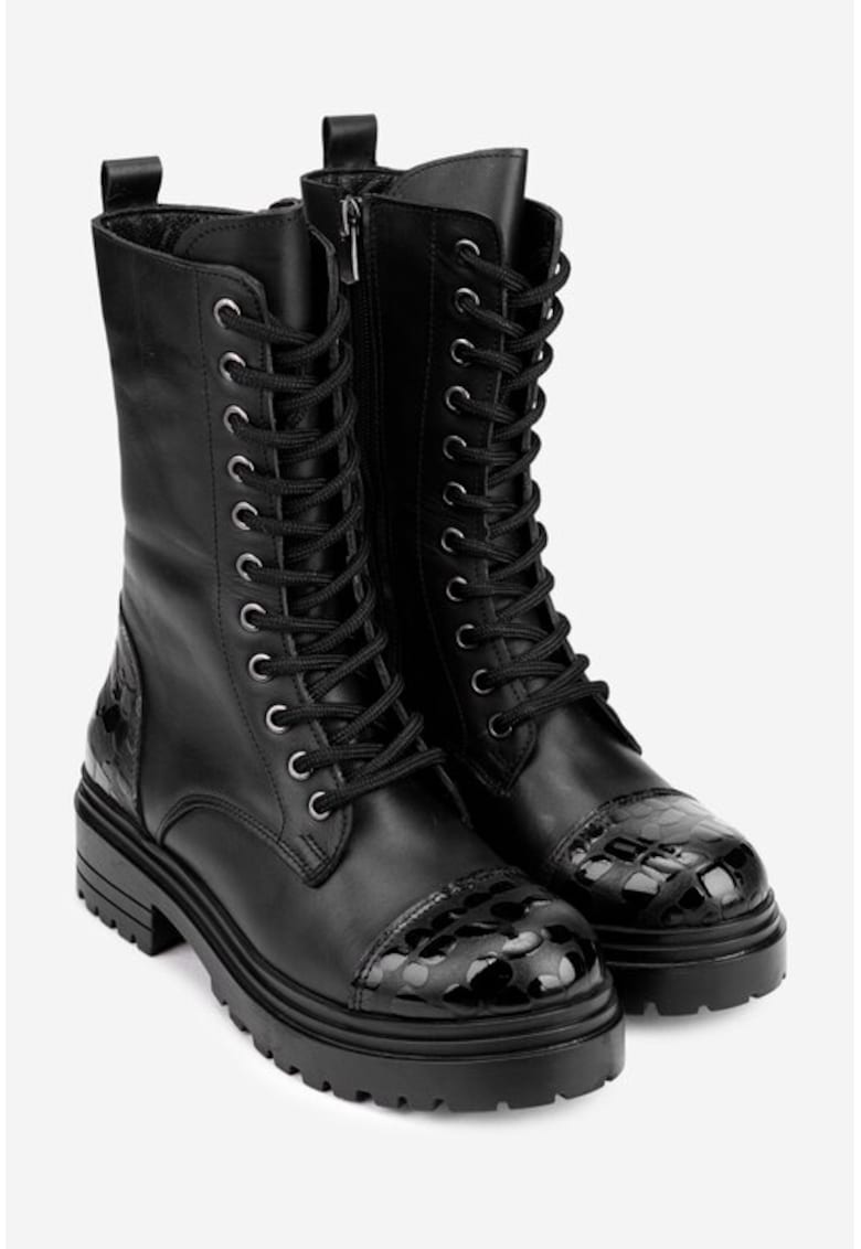 Ghete dama negre din piele naturala cu insertii negre lucioase Ghete dama negre din piele naturala cu insertii negre lucioase