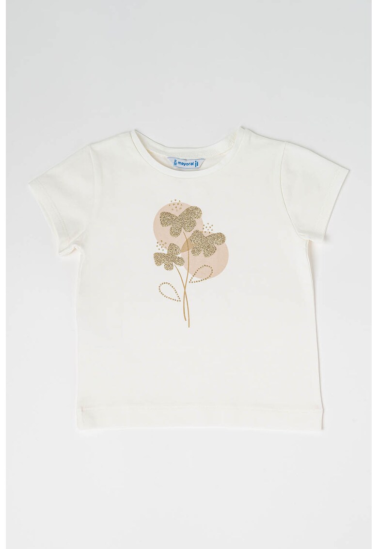 Tricou din amestec de bumbac cu broderie - Alb/Maro deschis