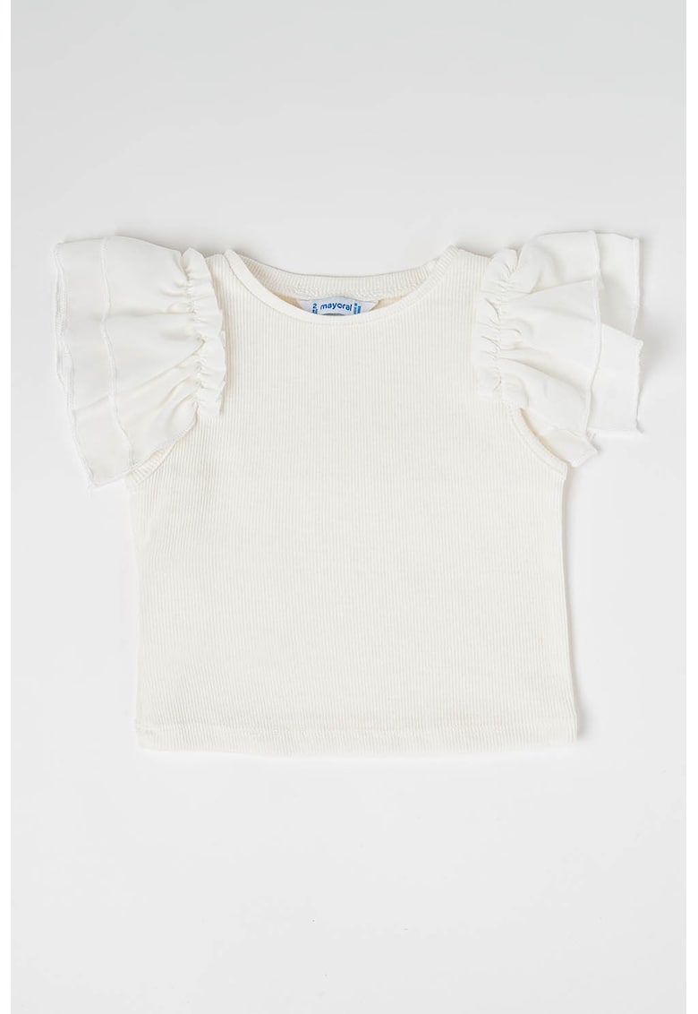 Tricou cu volane si decolteu la baza gatului - Alb murdar