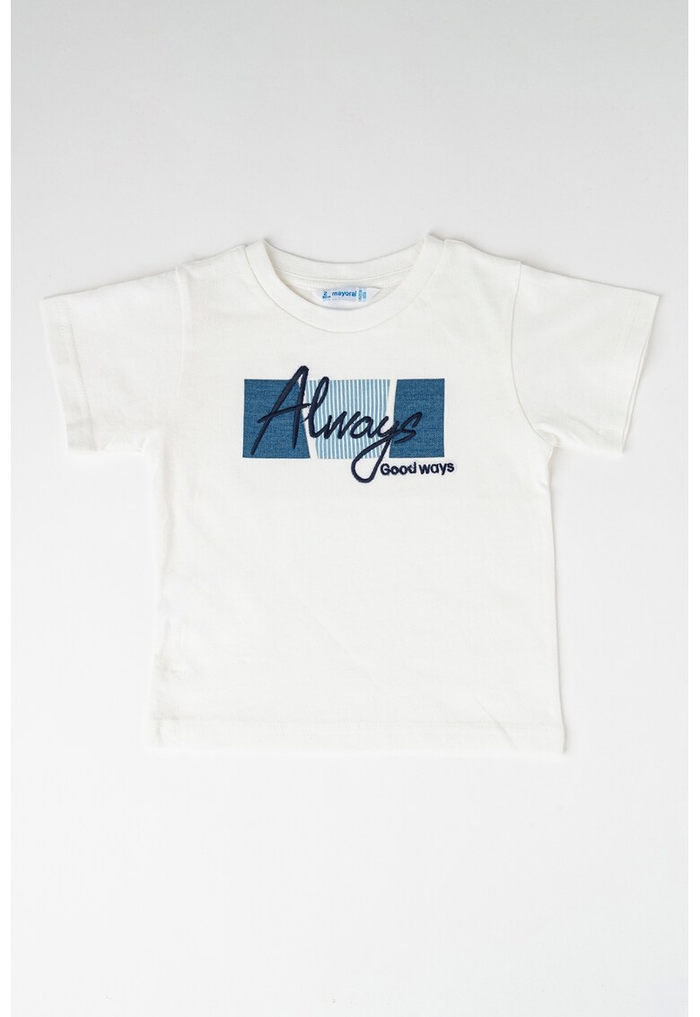 Tricou de bumbac cu decolteu la baza gatului - Alb/Bleumarin