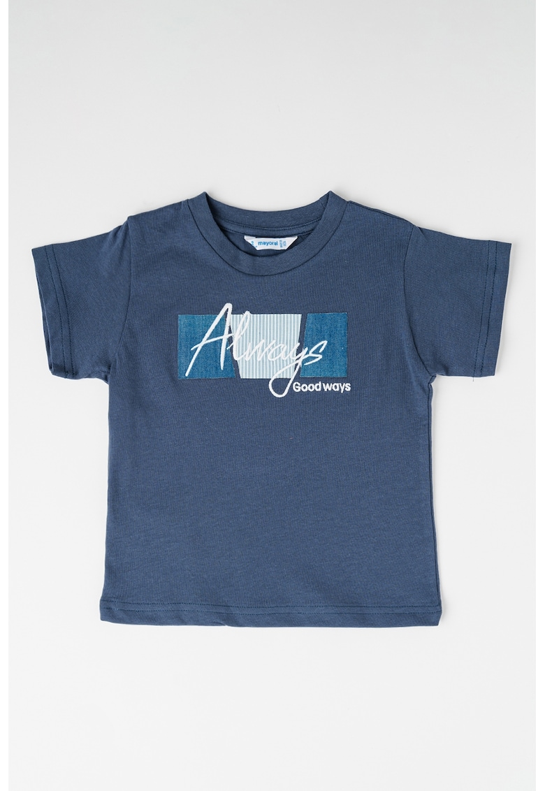 Tricou de bumbac cu decolteu la baza gatului - Bleumarin