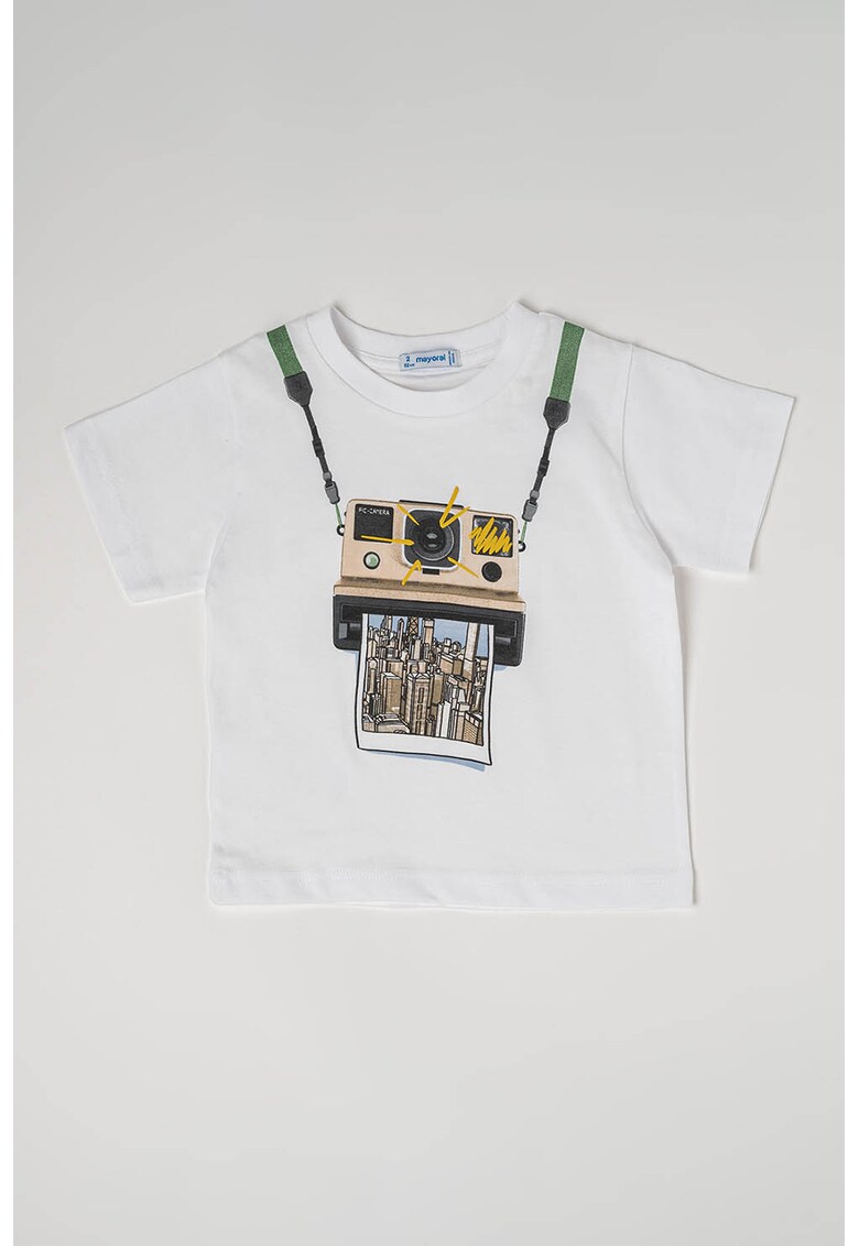 Tricou de bumbac cu decolteu la baza gatului si imprimeu grafic - Alb/Maro deschis