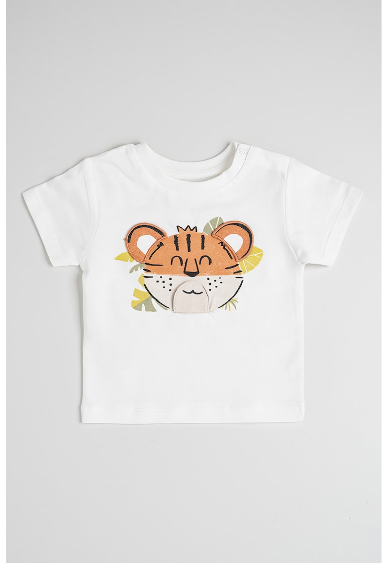 Tricou cu animale si decolteu la baza gatului - Portocaliu stins/Alb murdar/Bej deschis