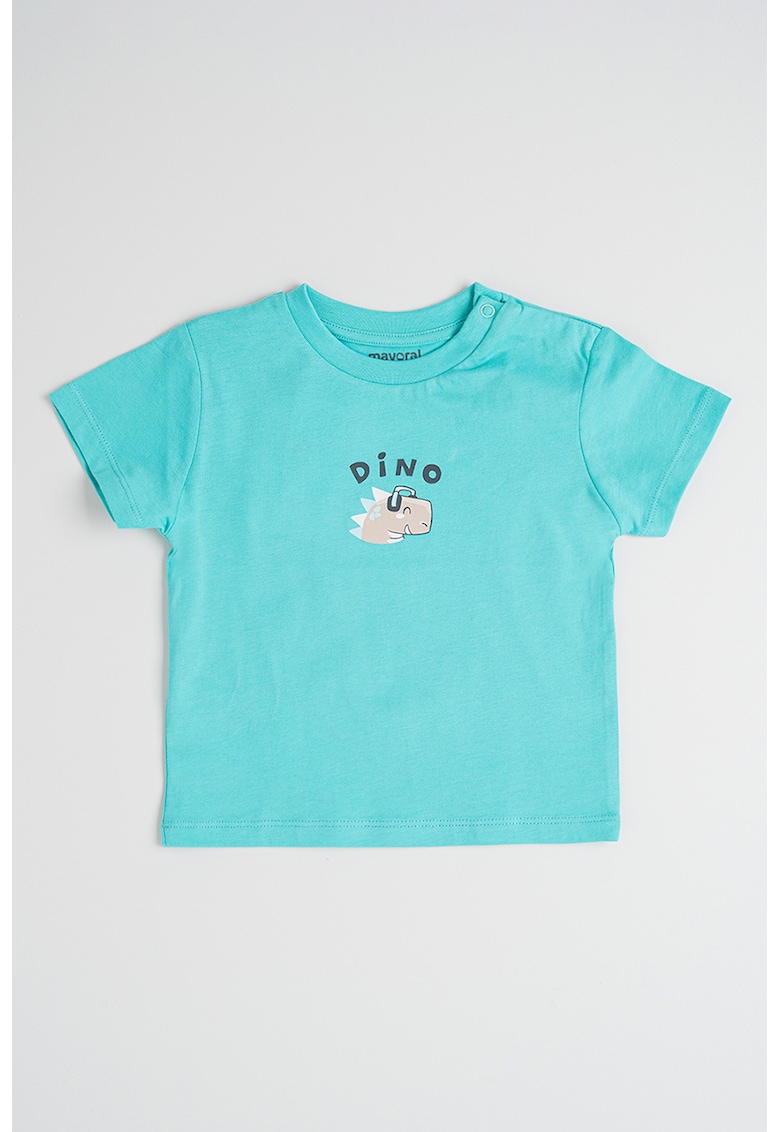 Tricou cu decolteu la baza gatului si imprimeu grafic - Negru/Turcoaz/Bej