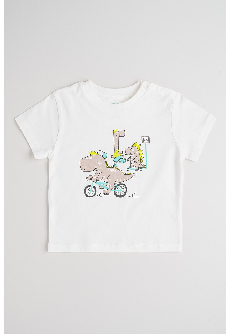 Tricou cu decolteu la baza gatului si imprimeu grafic - Alb/Gri cenusiu/Albastru deschis