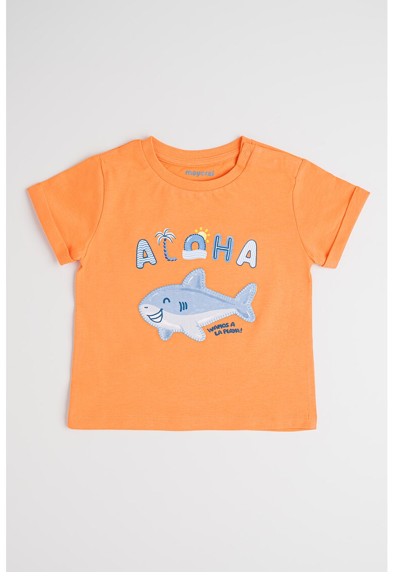 Tricou cu decolteu la baza gatului si imprimeu grafic - Portocaliu mandarina/Albastru deschis