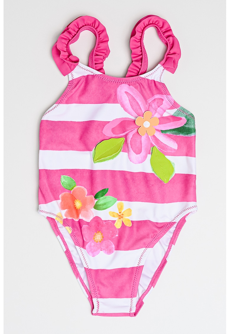 Costum de baie intreg cu dungi si model floral