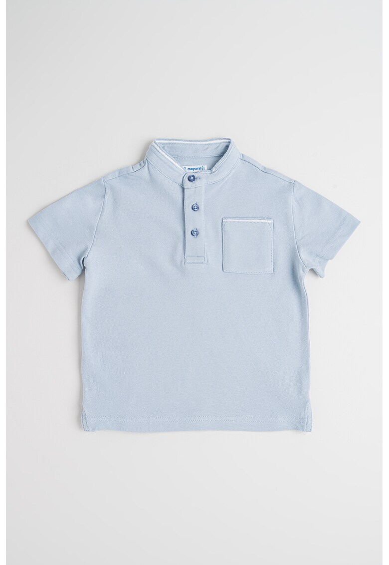 Tricou cu buzunar pe piept si decolteu henley - Alb/Albastru lavanda