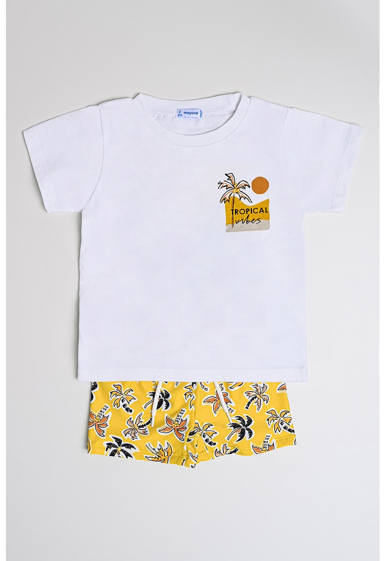 Set de tricou din amestec de bumbac si pantaloni scurti - 3 piese - Galben sofran/Alb optic