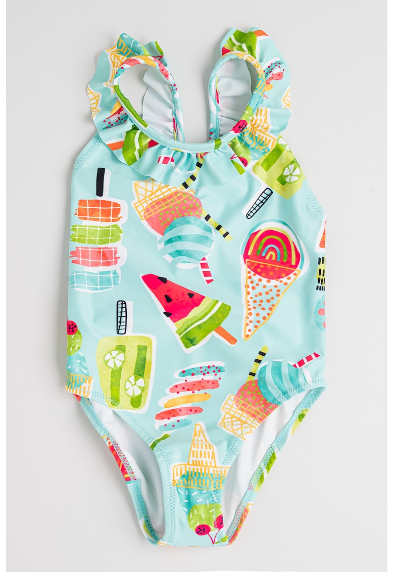 Costum de baie intreg cu volane - Fucsia/Verde menta