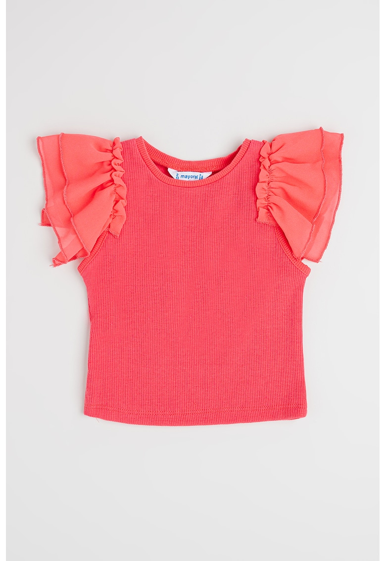 Tricou cu volane si decolteu la baza gatului - Roz aprins