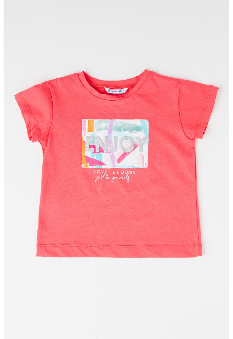 Tricou de bumbac cu decolteu la baza gatului - Alb/Fucsia