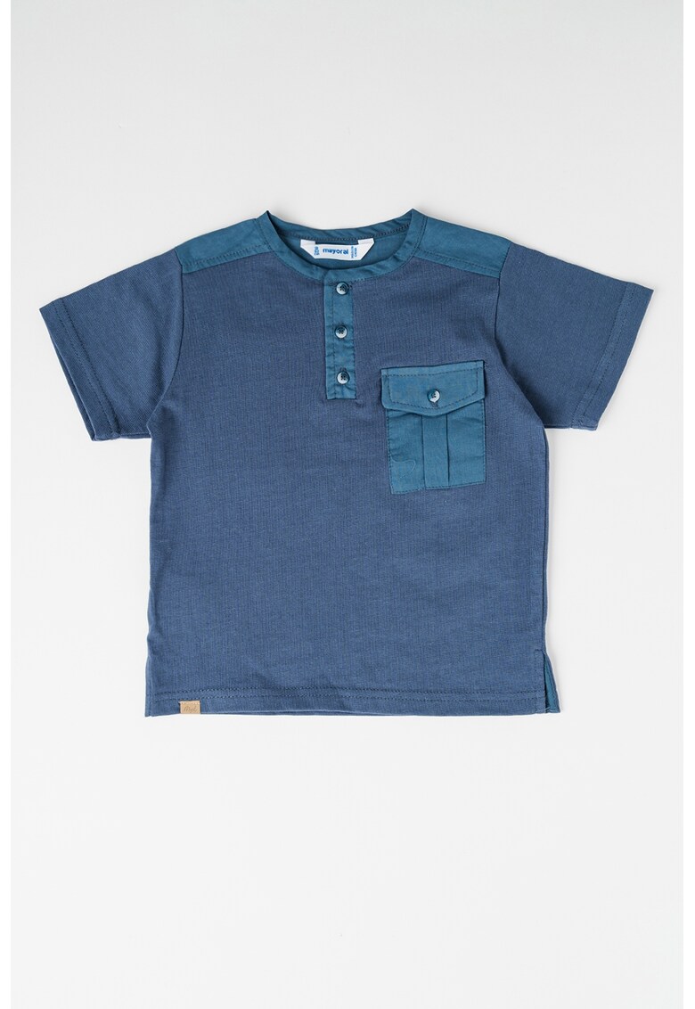 Tricou de bumbac cu fenta cu nasturi - Bleumarin