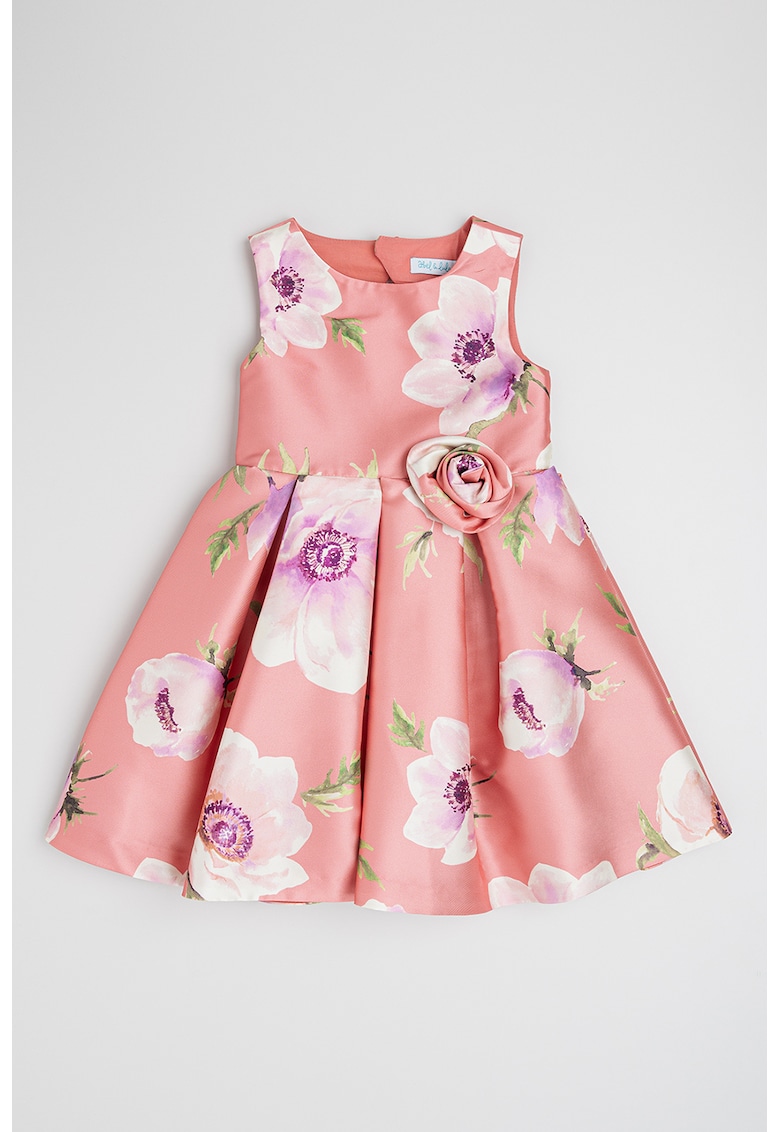 Rochie satinata cu model floral si aplicati in forma de floare