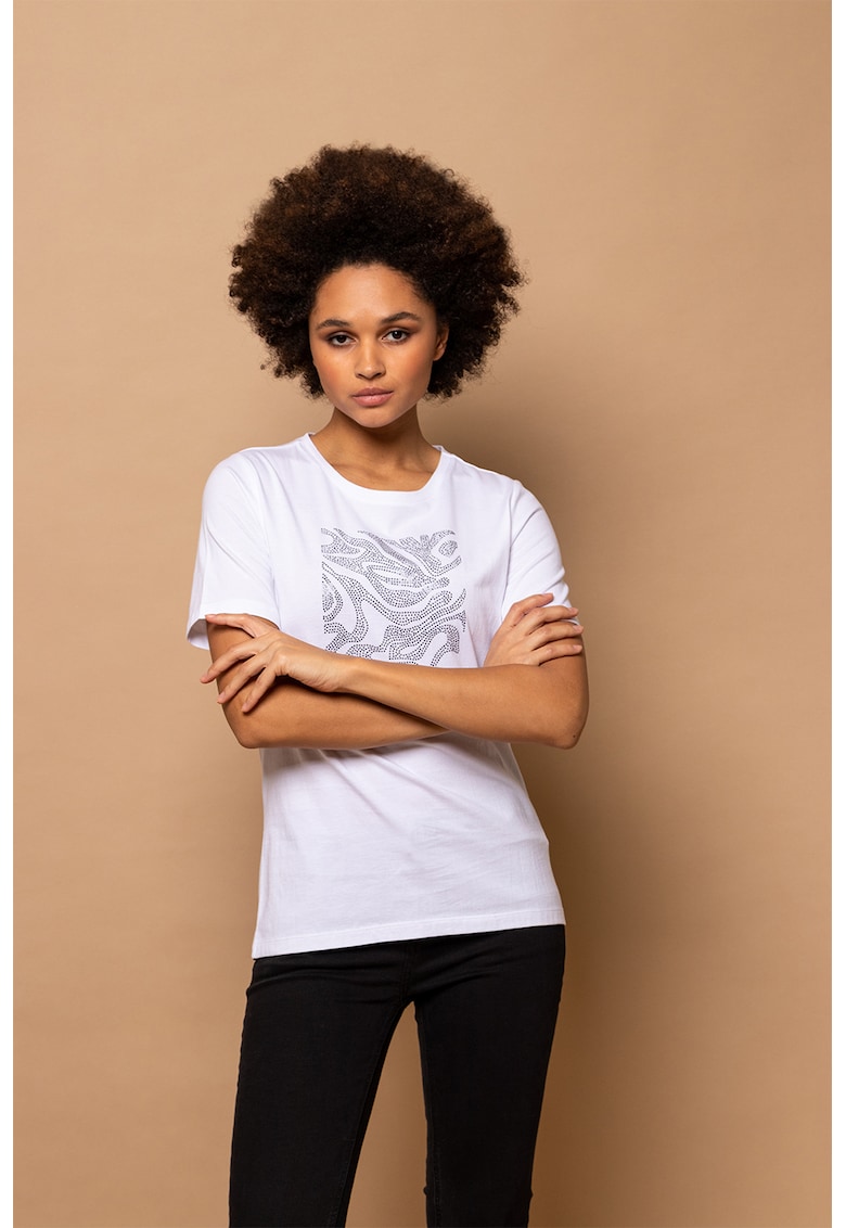 Tricou cu decolteu la baza gatului si strasuri Mandra - Alb/Argintiu