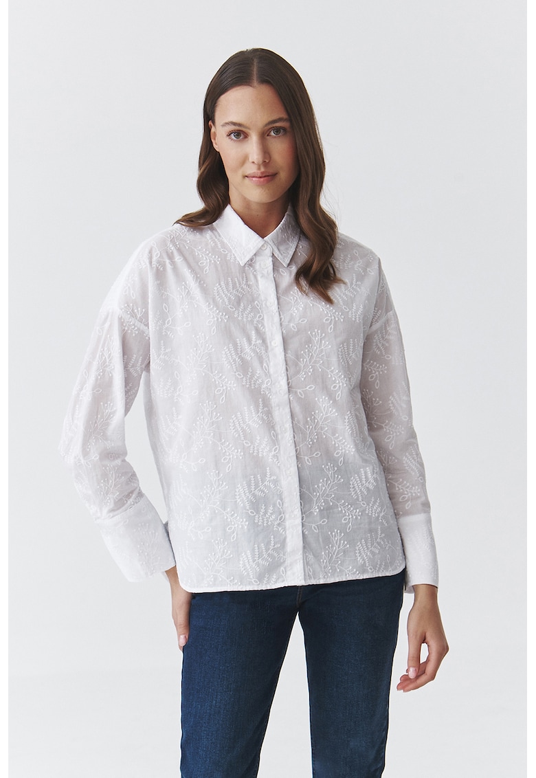 Camasa de bumbac cu broderii florale - Alb/Transparent