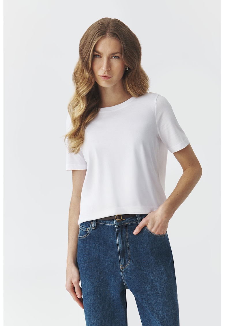 Tricou de bumbac cu decolteu la baza gatului - Alb optic