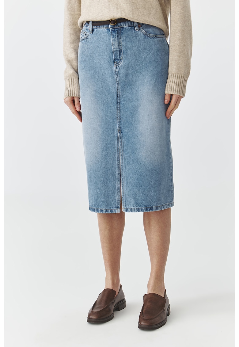 Fusta midi de denim cu slit frontal