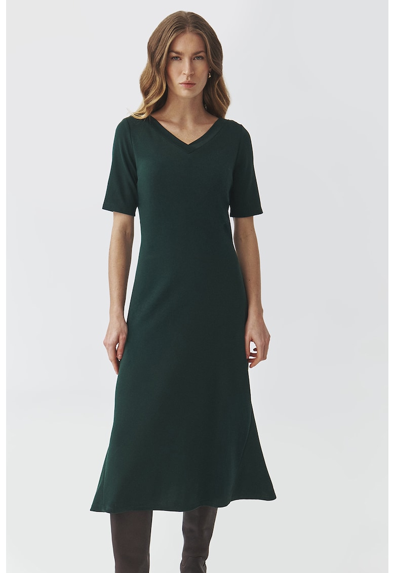 Rochie midi evazata cu decolteu in V - Verde inchis