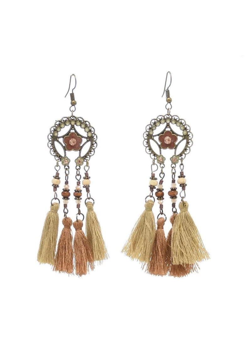 Cercei aurii - lungi - cu ciucuri si margelute maro - Lasse C1