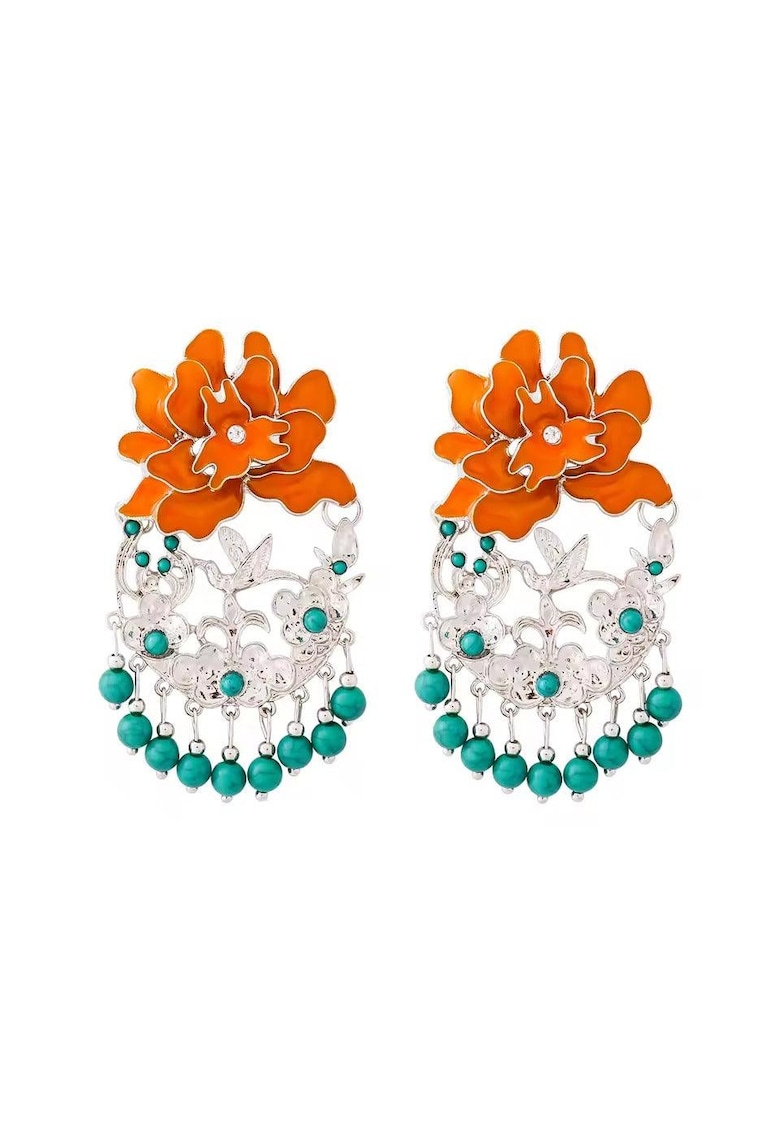 Cercei argintii - masivi - cu floare portocalie si margelute turquoise - Pernille C9